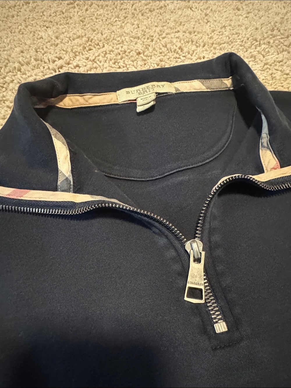 Authentic Burberry Navy Half-Zip Pullover with Stripe-Trim Collar - Picture 4 of 4